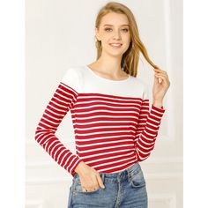 This contrast stripe T-shirt is a classic style for daily life. This piece is contrasted with a color block to fulfill your style statement from a boring all-over stripe top. It's cut from soft fabric that makes you feel comfortable day to night. These casual striped t-shirts match jeans, pants, skirts, or leggings freely, and they are perfect for daily wearing. Casual Striped Top With Contrast Color, Casual Striped Top With Contrast Colors, Striped Cotton Tops With Contrast Color, Cotton Striped Top With Contrast Color, Striped Color Block Cotton Tops, White Tops With Striped Hem For Spring, White Striped Hem Tops For Spring, White Long Sleeve Top With Striped Hem, White Horizontal Stripe Top For Spring