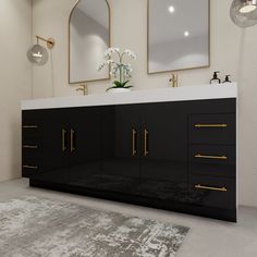 a white and black bathroom with two mirrors on the wall next to a gray rug