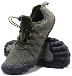 two men's hiking shoes with laces on the side and one in grey