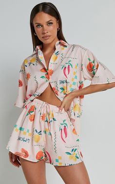 Hazel Two Piece Set - Short Sleeve Shirt & Short Set in Peach Print Pride Fits, Aop Print, Date With Friends, Ladies Nightwear, Peach Print, Basic Black Dress, Neon Outfits, Spring Maxi Dress, Bachelorette Dress