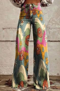 Elevate your casual ensemble with these Women's Vintage Floral Daisy Print Wide Leg Jeans. Featuring a charming floral daisy pattern, these jeans effortlessly blend retro vibes with contemporary style. Perfect for adding a touch of whimsy to your everyday look, they're a must-have for any fashion-forward wardrobe. Multicolor Stretch Wide Leg Jeans, Trendy Multicolor Full-length Jeans, Trendy Multicolor Straight Leg Wide Pants, Multicolor Full-length Jeans For Summer, Multicolor Full Length Jeans For Summer, Multicolor Full-length Jeans For Spring, Multicolor Full Length Jeans For Spring, Spring Multicolor Full-length Jeans, Green High Waist Printed Bottoms