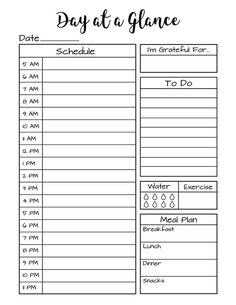 a printable day at a glance with the words, date and time on it