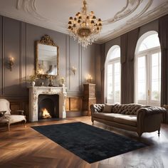 a living room filled with furniture and a chandelier hanging from the ceiling over a fire place