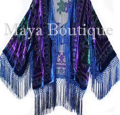 "Description : Short Fringe Coat Jacket Kimono Silk Burnout Velvet Maya Matazaro USA Made Short rayon blend burnout velvet fringe jacket kimono in Tye Dye Teal Multi color combination. Inspired by the french 20's the jacket is cut in kimono style with hand knotted fringe down the front and around the hems. We do have this jacket in many colors One size fits all regular sizes Measures 42-43 inches bust and hips (plus the fringes), 35 inches long (including the 7\" hand knoted fringe ) Would fit s Velvet Fringe, Fringe Coats, Knotted Fringe, Velvet Kimono, Hippy Chic, Burnout Velvet, Short Fringe, Hand Dyed Fabric, Short Kimono