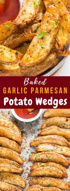 baked garlic parmesan potato wedges with ketchup