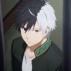 an anime character with black hair and white hair wearing a green collared shirt, standing in front of a mirror