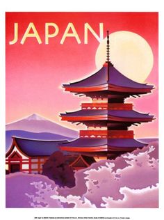 an advertisement for japan with pagodas and mountains in the background