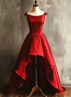 Cute Satin Wine Red High Low Round Neckline Party Dress, Wine Red Homecoming Dress