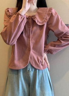 Korean Casual Outfits, Corduroy Shirt, Pink Solid, Stylish Dress Book, Women Pink, Comfortable Room, Chiffon Shirt, Kawaii Clothes, Shirt Long Sleeve