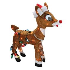 a lighted christmas reindeer ornament with lights on it's head and nose