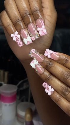 Pink White Nails Design, Cute Nails Light Pink, Nail Inspo With Bow, Sza Nails Acrylic, Nail Ideas With Bows, Nail Designs With Bows, Pink Diamond Nails, Nails With Rose Charms, Pink Nails W Charms