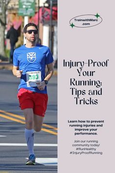 a man is running down the street wearing red shorts and a blue t - shirt that says injury proof your running tips and tricks