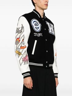 Off-White Logic Patch Varsity Jacket - Farfetch Varsity Jacket Black, Varsity Jacket Women, Off White Jacket, Leather Varsity Jackets, Black And White Jacket, Patchwork Jacket, Wardrobe Edit, Parka Jacket, Exclusive Fashion