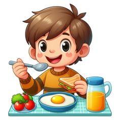 a boy eating breakfast at the table