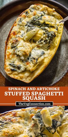 spinach and artichoke stuffed spaghetti squash on a plate with a serving spoon