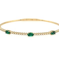 With a stunning design, this 14K yellow gold flex bangle style bracelet offers the warm tones of yellow gold and shimmering diamonds (.30cts). The subtle feature of this bangle is its gorgeous deep oval emerald stations. Bangle features 5 emeralds (1.12ctw). Diamond Cuff Bracelet, Pearl Bracelet Gold, Diamond Fashion Rings, Bangles Style, Sterling Silver Hoop Earrings, Sterling Silver Necklace Pendants, Mens Jewelry Bracelet, Pearl Stud Earrings, Diamond Fashion