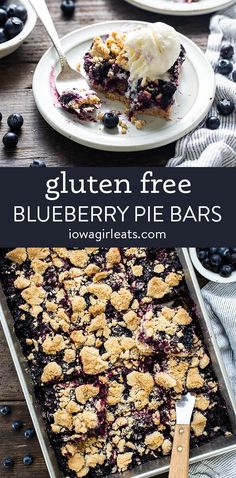 blueberry pie bars with ice cream on top and in the background, there is a fork