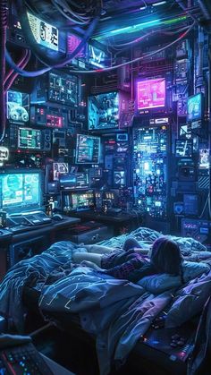 a person laying on a bed in a room full of computer monitors