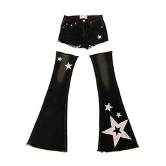 Star Jeans | Byunli Black Jeans Shorts, Space Outfit, Star Clothing, Harajuku Girls, Japanese Harajuku, Concept Clothing, Star Jeans, Flared Pants, Dolce E Gabbana