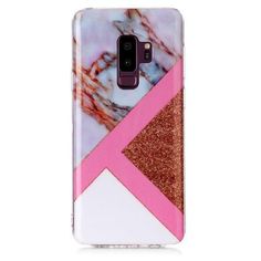 the pink and white marble phone case is shown with gold glitter accents on it's sides