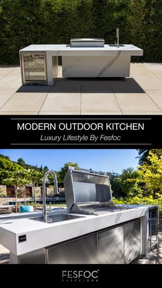 the modern outdoor kitchen is made from stainless steel