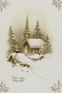 a christmas card with a church in the background and snow on the ground around it