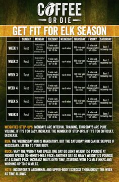 coffee or die get fit for elk season poster with information about the event and dates