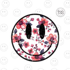 a smiley face with pink flowers on it and two black shoes in the middle, surrounded by