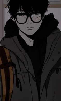 an anime character with glasses and a hoodie