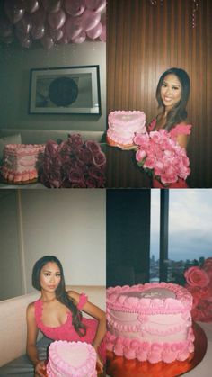 a woman sitting in front of a cake with pink flowers on it and balloons above her