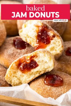 baked jam donuts are stacked on top of each other with the words, baked jam donuts