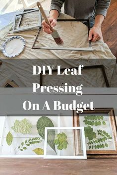 a woman is working on an art project with leaves and other things in front of her