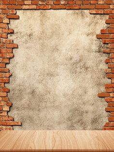 an old brick wall with a hole in the middle and a wooden table below it