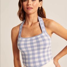 Checkered Knit Sweater Halter Top From Abercrombie. Nwt Fitted Knit Sweater For Day Out, Fitted Knitted Sweater For Day Out, Chic Blue Soft Knit Top, Fitted Soft Knit Blue Top, Chic Blue Pointelle Knit Top, Fitted Blue Soft Knit Top, Knit Gingham, Lacy Tank Top, Black Lace Tank Top