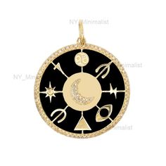 "This Pendant is made genuine SI clarity G-H color diamond with Black Enamel and 14K solid yellow/ rose/ white gold * SKU: NYM-8525 * Made to Order. * Gold Purity: 14K Solid Yellow Gold (stamped) * Custom Gold Color: Yellow, Rose, White Gold * Custom Gold Purity: 9K/14K/18K (Charges Apply) * Diamond 100% Genuine Diamond * Diamond Weight: 0.45 ct. * Diamond Color: G-H * Diamond Clarity: SI1- SI2 * Diamond Cut: Brilliant Cut (Excellent) * Black Enamel Weight: 1.50 ct. Product Measurements:- Disc S Symbolic Black Necklace With Moon Charm, Black Symbolic Jewelry With Moon Charm, Symbolic Black Jewelry With Charms, Symbolic Black 14k Gold Jewelry, Diamond Ear Cuff, Tiny Diamond, Charm Pendant Necklace, Diamond Fashion, Pricing Jewelry