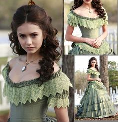 Nina Dobrev as Katherine Pierce in The Vampire Diaries (2010) Ball Gown Bustle, Gothic Ball Gown, Diary Vintage, Vintage Prom Dresses, Cheap Quinceanera Dresses, Masquerade Ball Gowns, Vampire Diary, Green Sequin Dress, Gothic Wedding Dress