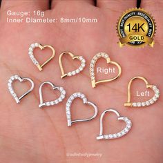 "Sold as a Single piece (Can choose Left or Right earring) Material: 14K Solid Gold (Stamped 14K for Purity Authenticity) 5A Grade Cubic Zirconia Gemstones  Size: Gauge: 16g(1.2mm) Inner Diameter: 5/16\"(8mm),3/8\"(10mm) White gold and yellow gold Dainty and beautiful. These little heart earrings are perfect for an effortlessly chic look. This could be an amazing gift for your love ones, Sister, Mother, Daughter, Friend, Wife, Girlfriend 16G 14K Solid Gold Heart Shaped Daith Earrings/Cartilage E Hoop Septum, Septum Hoop, Tragus Hoop, Earrings Cartilage, Septum Piercings, Helix Hoop, Daith Earrings, Ear Piercings Cartilage, Cartilage Earrings