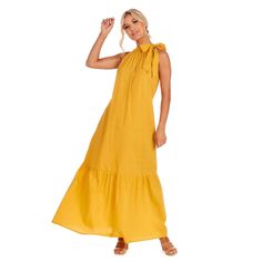 Cotton slub sleeveless maxi dress features tie bow neckline and flounce hem. Measures approximately 51" from shoulder to hem on size small. Tie Bow, Mud Pie, Sleeveless Maxi Dress, Mustard, Pie, Maxi Dress