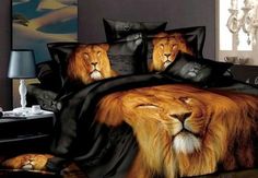 a bed room with a lion comforter and pillows