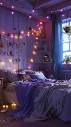 a bedroom with purple lights hanging from the ceiling and bed in front of a window