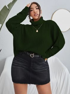 Dunkelgrün Lässig Collar Langärmelig Stoff Einfarbig Pullover Embellished Leicht-dehnbar Herbst/Winter Outfit Nero, Winter Mode Outfits, Plus Size Winter Outfits, Ootd Instagram, Comfy Jumpsuits, Plus Size Pullover, Plus Size Fall Fashion, Plus Size Winter