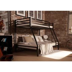 a bunk bed sitting next to a book shelf in a room with exposed brick walls