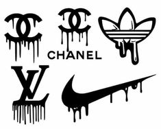 four different logos with dripping paint and the word chanel on them, all in black