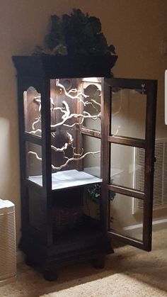 an old fashioned cabinet with glass doors in the corner