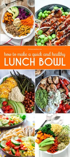 a collage of photos showing different types of food and the words how to make a quick and healthy lunch bowl