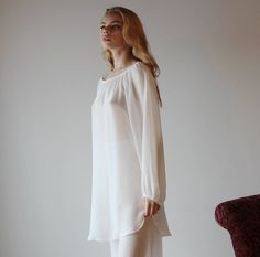 Beautiful Nightgown, Women's Nightgowns, Bishop Sleeve, Silk Pajamas, Bridal Lingerie, Sleep Shirt, Bra And Panty Sets, Night Shirt, White Outfits