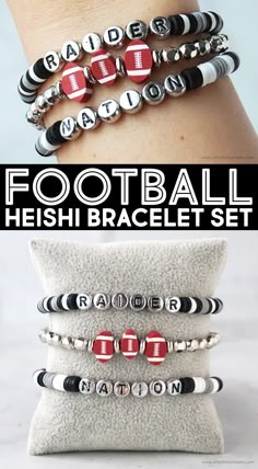 three different bracelets with the words football on them and two pictures of each bracelet