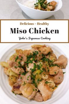 two bowls filled with chicken and vegetables on top of a white tablecloth next to the words delicious, healthy miso chicken yoke's japanese cooking