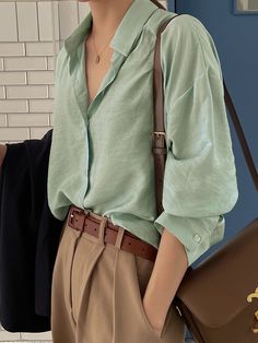 Mint Green Casual Collar Long Sleeve Fabric Plain Shirt Embellished Slight Stretch Spring/Fall Women Clothing Green Linen Shirt, Drop Shoulder Shirt, Simple Blouse, Inverness, Green Shirt, 가을 패션, Business Casual Outfits, Mode Inspiration, Looks Vintage