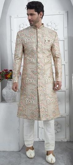 White and Off White color Sherwani in Art Silk fabric with Embroidered, Resham, Sequence, Thread work Multicolor Sherwani With Chikankari Embroidery For Festivals, Festive Multicolor Bandhgala With Intricate Embroidery, Multicolor Resham Embroidered Kurta For Reception, Multicolor Resham Embroidery Kurta For Reception, Traditional Multicolor Bandhgala With Intricate Embroidery, Long Sleeve Bandhgala With Motifs For Wedding, Embroidered Multicolor Sherwani For Transitional Seasons, Multicolor Zari Work Kurta For Reception, Multicolor Sherwani With Intricate Embroidery For Festivals